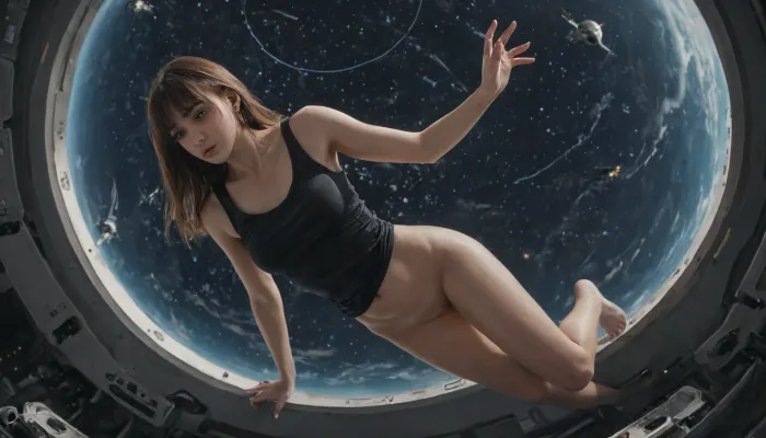 cosmonaut girl, naked, naked astronaut, spaceship, iss, zero gravity, flying forward in zero gravity inside the ISS, the earth is visible from space from the porthole, long brown hair with bangs, hair flies apart in zero gravity, Dressed in tight black panties, tight tank top