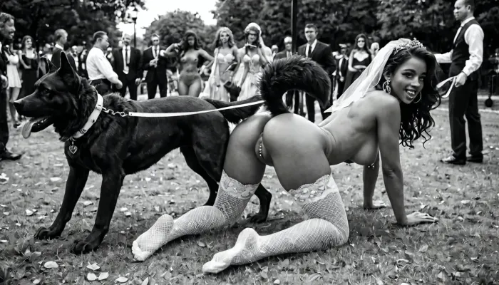 full body view, petplay, man holds with a leash a girl on all fours, like a dog in a park, dog ears, bridal veil, fluffy dog tail, tongue out, black and white hair, full nude, medium breasts, nipple piercing, pussy piercing, tanned skin, very fit body, 18 years old, white lace stockings, golden dog collar, hyper puffy swollen labia, from, behind, spread, ass, sunny day, crowd of people, <lora:282890_training_data:.5>, <lora:284451_training_data:.6>