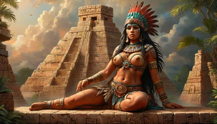 uber realistic image, fullcolor image, full body view, 8K quality, ultra detailed, masterpiece, A highly detailed full body painting, in style of by Julia Bell, a woman n an Aztec cassik wearing ceremonial clothes, 18 years old, skinny, very large heavy breasts, very long legs, very long straight black hair, stands next on a sacrificial altar at the top of the Aztec's pyramid, obsidian ritual knife in her hand, a male warrior lies on the altar, indian art, fantasy art, with beautiful exotic, pyramid, full hd, metart, commission for, an oil on canvas painting, contest winner, figurative art, young woman with long dark, an airbrush abstract figurative art, style, of, whole body in frame, whole body visible, Aztec, Maya, civilization, <lora:tbh264-sdxl:.8>, <lora:Maya Civilization:.6>