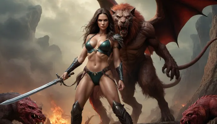 fullcolor image, full body view, 8K quality, ultra detailed, masterpiece, in style of by Boris Vallejo, A highly detailed full body painting, ((The huntress and the manticore)), the woman muscular athletic figure, very large heavy breasts, very long legs, very long hair, leather hunting suit, high boots, her clothes are torn and covered in blood, has one breast exposed, and she is holding a spear in her hands, fights with manticore, (manticore, a huge lion with a scorpion's tail and dragon's wings)
