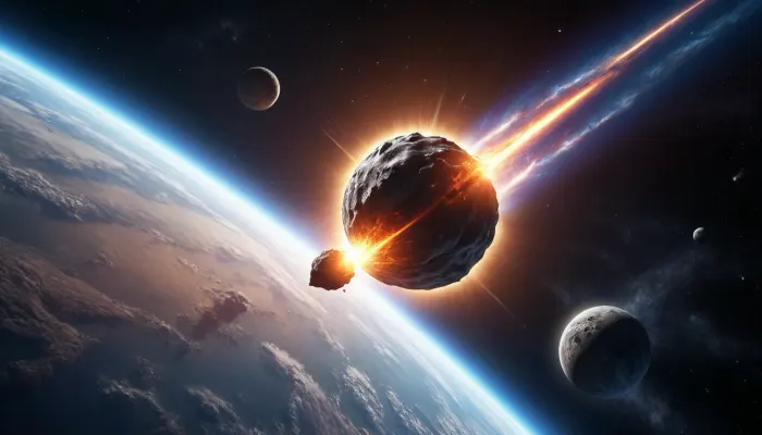 Space, planet Earth, a huge meteor is flying towards Earth, ultra realistic image, 8K