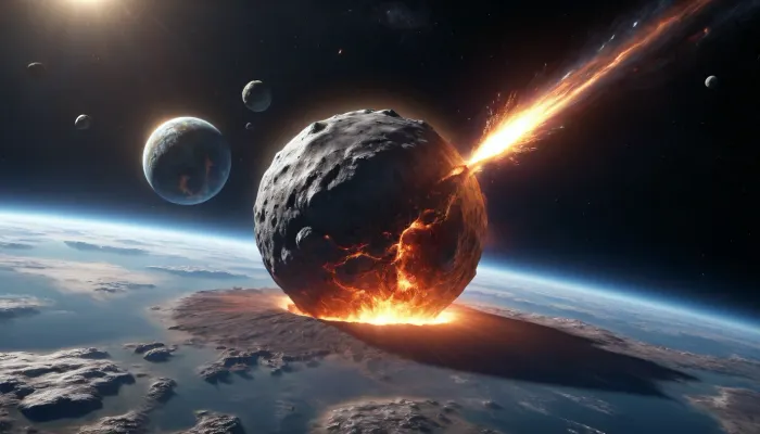 Space, planet Earth, a huge meteor is flying towards Earth, The crater, ultra realistic image, 8K