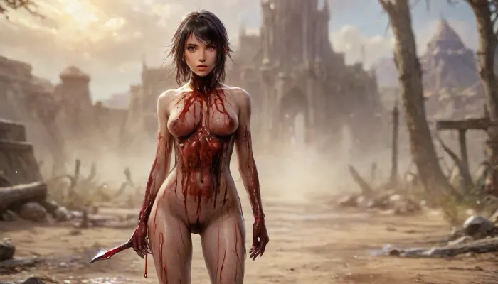 ((full body in shot)), ((brunette with a fringe)), ((anorexic)), a green and gray mutant in medieval rags and an elven amazon 21 years old \ \ collided in battle \ \ mutant growls \ \ the girl is very confident approaching \ the girl's figure is narrow shoulders wide hips thin waist her skin is blue her hair is very long purple complex hairstyle she is dressed in desert light armor \ \ the girl uses magic against the mutant \ the mutant's skin is gray and salty and he has zombie teeth, bloodyface, Blood_Covered, <lora:Blood_Covered-step00001743:1>, .Photorealistic, moody, Art, by, Boris, Vallejo, Style, <lora:Fantasy_art_XL_V1:.8>
