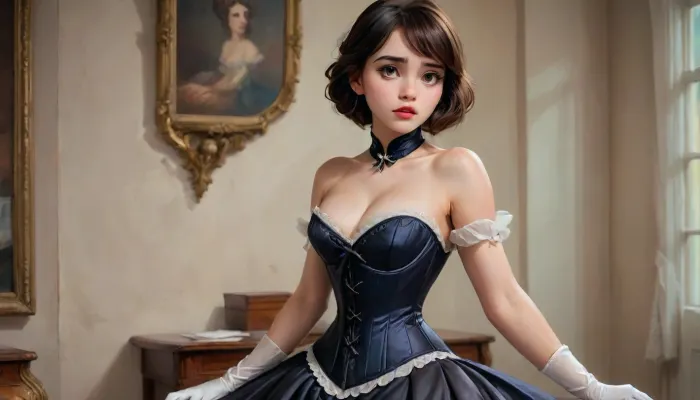 ((full body in shot)), ((brunette with a fringe)), ((anorexic)), A vintage-style full-body of a woman dressed in an elaborate Victorian-era inspired corset, exuding elegance and charm with a touch of theatrical flair. The outfit features a structured white corset with black beaded detailing along the neckline, creating a sophisticated and glamorous contrast. The corset accentuates her figure, while the black lace gloves add a delicate yet bold element to her look., [Photorealistic, moody portrait], [Inspired by the work of Annie Leibovitz], breasts, cutout, clothing, nipples, <lora:2BoutOvalSDXL2-000002:.8>, <lora:Animated_Concept:.8>