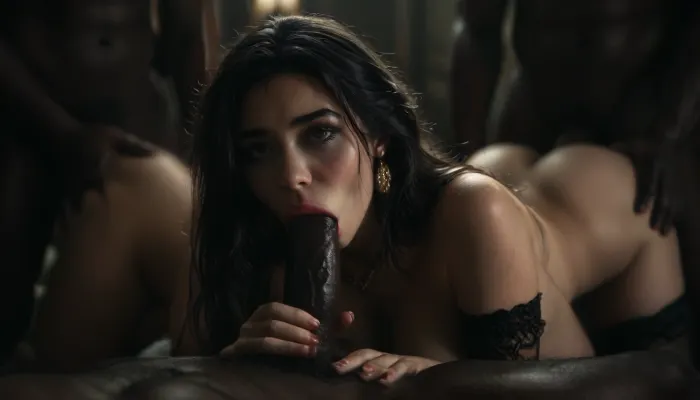 Persian woman and black men, hot Persian wife, huge size black brute, moisture art, blacks on Persian, interracial gangbang, black men Asian women, sex, group sex, blowjob, moaning orgasm, ((only black men)), only black cocks, doggystyle, stockings, ((interracial gangbang)), <lora:dark:.6>, <lora:MJ52:.6>, <lora:style_lora_realis:.8>