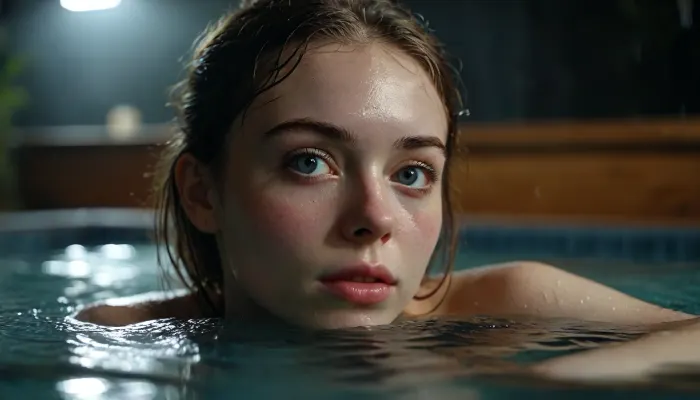 low angle. full shot. macrolens 18 year old slim, (((pale))), woman in a jacuzzi deep in the water, loud moaning, orgasm. only cute small ass peeking out of the water, lying on her side. very wet skin. darkest night, detailxl, perfecteyes, <lora:MJ52:.5>, <lora:lora-sdxl-perfect-eyes:.5>