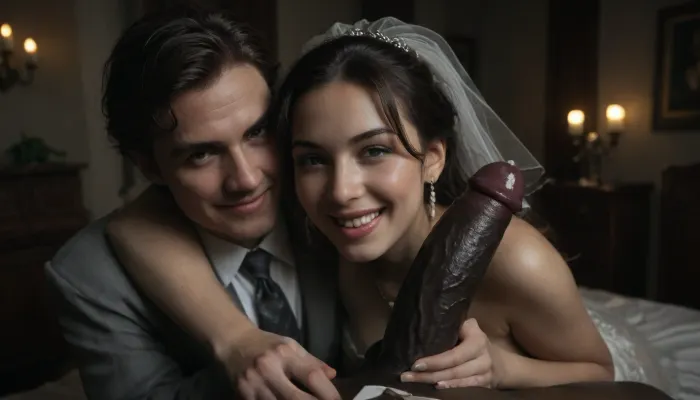 Un toast de mariage non conventionnel : un mélange d'amour, de tradition et d'inattendu

- Oui.

Dans un mariage extravagant, une mariée persane joyeusement potelée dans une robe de mariée sexy est embrassée par un grand homme blanc dans un costume, laissant entendre une relation interraciale. Comme ils partagent un moment, regardant dans les yeux de l'autre et la caméra, un grand pénis noir entre dans le cadre. La mariée, en rupture de tradition, est vue boire d'une tasse transparente remplie de sperme, ses lèvres brillantes et collantes, un testament de l'acte d'avaler du sperme, ou gokkun. La coupe était tenue sous la queue noire, dégoulinant de sperme qui ornait également les coins de ses lèvres.