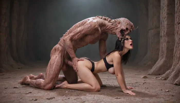 ((full body in shot side view)), a 23 year old women very sultry look, beautiful charismatic, so hot shot, showing piercing, athletic body, wearing eye glasses, wears sexy tiny see through black lingerie, gorgeous figure, big naked breast full body shot, goth style mood, dark eye makeup, cinematic is fucked on all fours doggy style from behind by a monster with a big cock, Background is an old, dark, mystic castle, indoor view The scene is mystical goth style and full of tension, ab0m, revsitting, revstanding, fx-monsters-xl-meatsack, creature, monster, <lora:ab0m:1.1>, <lora:revsex_SDXL_1_:.1>, <lora:fx-monsters-xl-meatsack:.4>, sssniperwolf, is, wearing, glasses, <lora:sssniperwolf_XL:.8>, anger, screaming, angry, <lora:polyhedron_angry-000006:.8>
