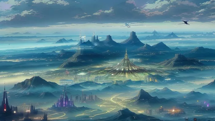 the great city from a bird's-eye view, metropolis, tall fanciful spires, mansions and estates, futuristic high-rise buildings, (view from long distance, view from afar:1.5), photographic quality, (anime inspired background:1.6), (fantasy entourage:1.6), (bird's-eye view:1.6), in style of Michael Whelan