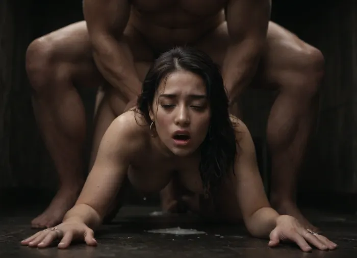 Man Rape woman on the floor, Man bend Knees and mating press, penetration, very sweaty, woman on all fours, arching her back, laying on chest, raising her ass, Woman is middle age, ((east Asian)), large breasts, long​ straight​ dark​ ​hair, long​ huge​ ​​nipples, amazing ass, shiny skin, natural skin texture, large heavy pink nipple rings, Wide red slave high collar, Wedding ring on left ring finger, creampie on the vagina, slavic, intense orgasm, embarrassed, shocked, screaming, eyes closed, extreme open mouth, furrowed brows, cries "moo!", tears on cheeks, face suffering, woman head turns off the camera, wet hair, Man is very fat, ((Asian)), thick body hair, huge cock, full​ load​ of​ cum, full bodies view, in the dark room, below be front view, perfect​ hand, perfect​ finger, perfect anatomy, extreme realism, maximum detail, <lora:dark:.5>, <lora:BodyLicious:1>, <lora:315758_training_data:.5>