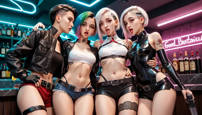 lucy \, (cyberpunk\), 1girl, arm up, asymmetrical hair, belt, bodysuit, covered mouth, covered navel, detached sleeves, grey eyes, hip vent, holding, holding weapon, looking at viewer, weapon, white hair, wire, short shorts, shorts, open jacket, neon in a bar kissing another girl, (2girl), (judy alvarez), they are fucked by a bunch of men, double penetration, in the bar, neon light, good quality, dynamic light ahegao, drool, <lora:ahegao_sdxl_v4:1>, lucy, <lora:lucy_offset:.5>