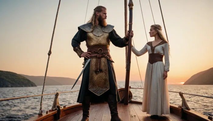Man, Scandinavian warrior, Viking in full gear, long sword on his belt, stands on the deck of a drakkar, (Scandinavian warship), the bow of the ship is made in the form of a high-raised head of the dragon, ((embracing a girl in Slavic dress)), fjord at sunset, full body in the frame, full body is visible, ((side view)), full-color image, super detailed image, 8K quality