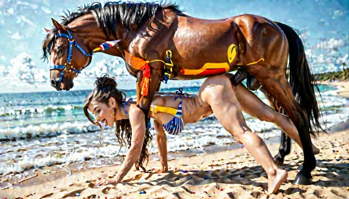 male horse fucking female horse, a dark brown stallion, a white mare, stallion puts his big cock in mare's hot cunt, stallion pounding mare's pussy, detailed view, high resolution, beach, daylight, side view, ultra realistic