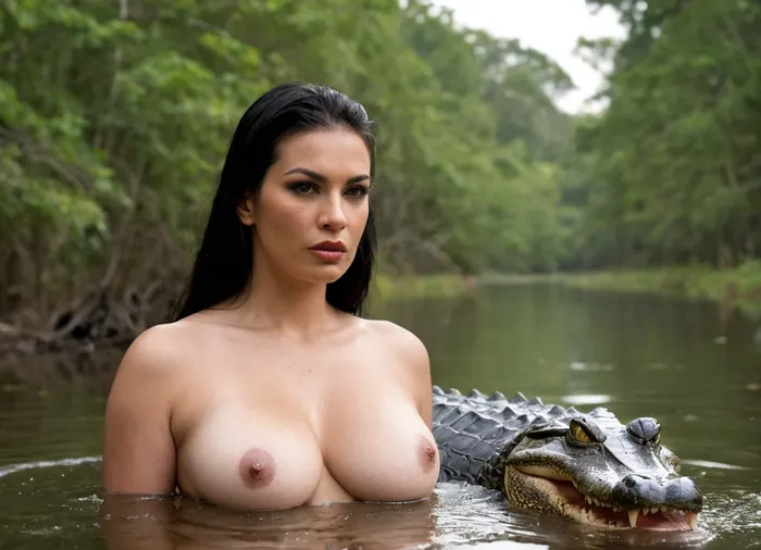 Russian bimbo brunette 35 years old hooker in a amazon river swimming away from alligators. ultra-detailed. view from distance. arrogant proud face. plump sensual lips. 56F cup round silicon breasts. upturned sexy eyes. long extended eyelashes. bright vulgar makeup. long straight black hair. wearing cropped bando top tied on a knot., ((angry giant alligator with open muzzle behind filthy hooker:1.6))