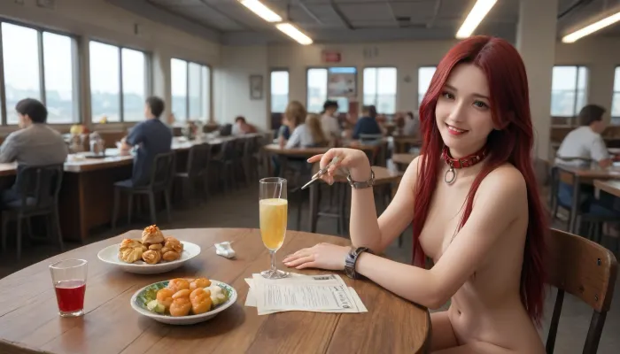 1 girl, happy face, smiling, completely naked, naked, slave collar, cuffs on the legs, dark red hair, very long loose hair, sitting at a table, student cafeteria, in the style of the future, having lunch, food on the table, drinks on the table, plastic tables, plastic chairs.