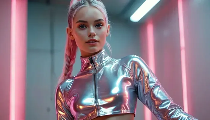 A confident european 18 year old young woman with sleek silver-pink hair tied in a high ponytail stands on a glossy, glowing runway. Happy playful smile, She wears a shiny cropped iridescent jacket over a black mesh bodysuit covering big firm conical breasts, paired with shiny high-waisted vinyl shorts and tall white platform boots. Her hand is raised in greeting, concentric neon rings, <lora:MJ52:.8>