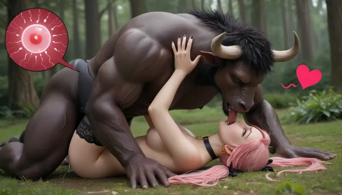 Minotaur, red eyes, monster, creature, side sex, Nicole Demara from Zenless Zone Zero, rough sloppy sex, primal mating, cum inside, kissing, impregnation, moaning and drooling from the mind melting orgasm, big full boobs, Nicole Demara. black fingernails. black collar. yellow heart earrings. green eyes. long pink hair. long hair. long pink pigtails with black hair ribbons. black thighhighs, hearts, <lora:654057_training_data:1.2>, <lora:nicole_demara_v31:1>