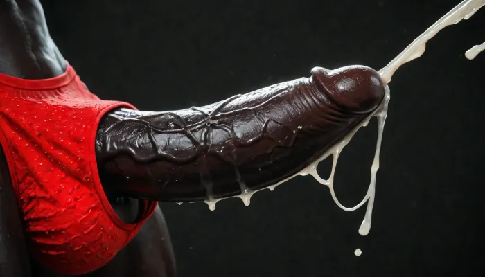 close-up, (ejaculation:1.6), black african man, wearing red leather thong, huge bulge, masturbating, absolutely black skin, deep ebony skin, African, Nigerian, Nubian, (((absolutely black skin))), black room, black background.