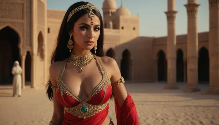 Arab princess with big breasts. In the costume of an oriental dancer. Near the palace of the caliph surrounded by desert.