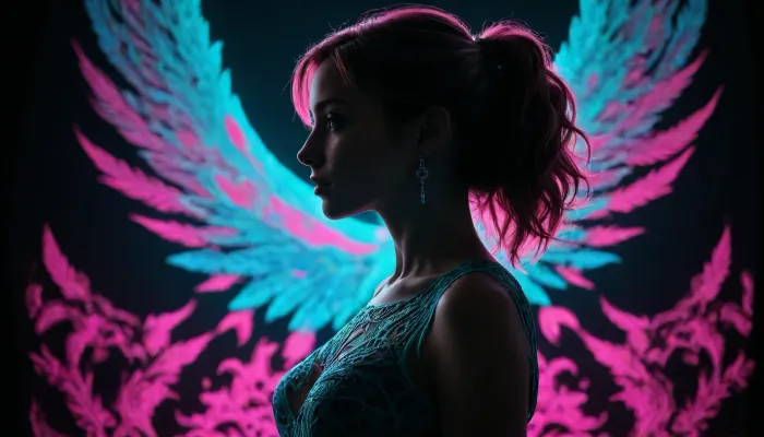 a woman silhouette, dark energy, intricate design, dark background, predominant pink tones, blacklight illumination, spot colors, very aesthetic, vibrant cyan hues. #©KITTYART



































#©KITTYART