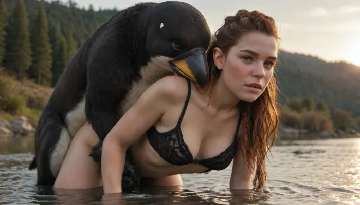 Zoophilia, penguin, doggystyle, Pink woman, untied black bra, in the lake, at sunset, one breast out, cum while entrance, side view, horizon zero dawn