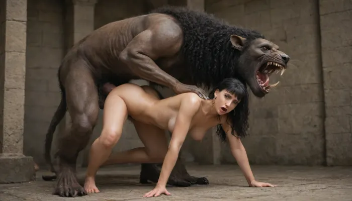 Cleopatra beneath an anthropomorphic panther monster, (fucking monster's massive cock), pleasure, screaming, zoophilia, beastiality, excessively hairy bush, dense long pubic hair, excessivepubichair, full body view, <lora:253562_training_data:.8>, <lora:681678_training_data:.8>