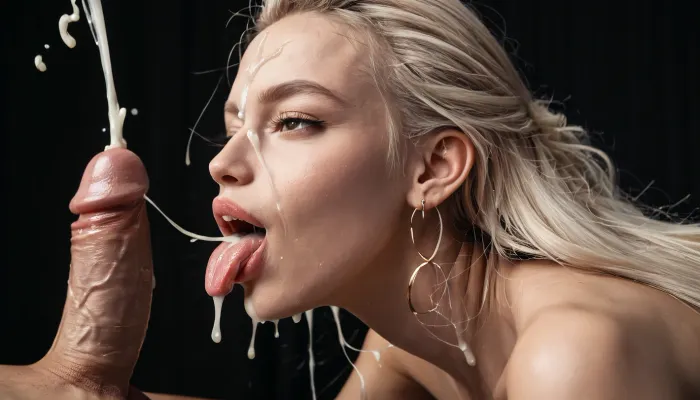 1 man and one 60 years old woman, close-up of a white mature woman's face, (small breasts:1), eyes wide open, very long straight light blond hair, macro photo, side view, tongue sticking out, erected 12 inch penis lying on the tongue, (ejaculation:1.5), sprays straight in her mouth, cum caskade out of his penis, cum in hair, black room, black background.