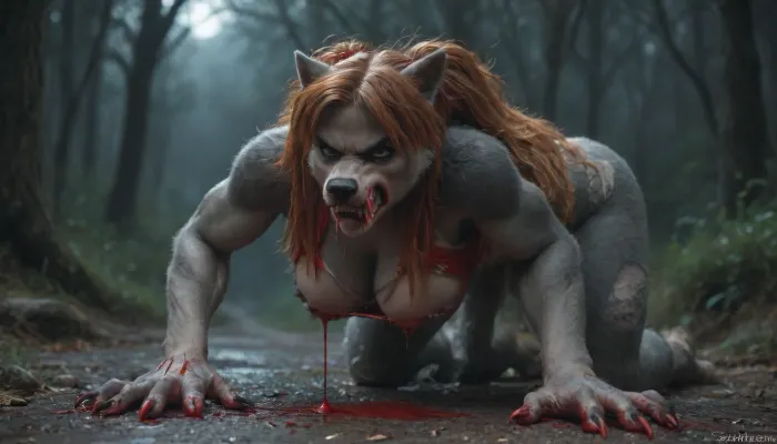 ((((Asuka Langley)))), solo, all fours, ((long claws)), no tail, ((athletic)), (((furry angry bad dark grey Werewolf skin:2))), (((torn dancer outfit))), big breasts, (((blood on the hands and blood dripping from the mouth))), outdoor night, score_9, score_8_up, score_7_up