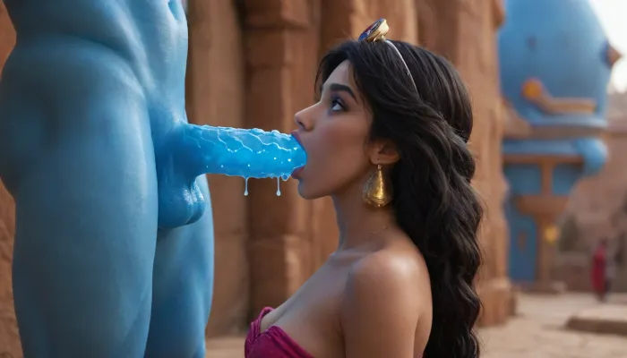 (((Jasmine from Disney movie Aladdin))), ((glowing blue Genie creature huge dick from Disney movie Aladdin)), ((glowing Genie creature body)), (glowing skin), (((glowing blue cum))), (deepthroat)