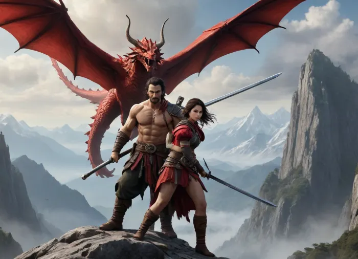 score_9, score_8_up, score_7_up, score_6_up, score_5_up, score_4_up, realistic, (Dungeons and Dragons style Player's Handbook cover art), (1 man and 1 woman standing at the bottom of a mountain), ((the man is dressed as a samurai)), ((the woman is dressed as a barbarian)), (far above a red dragon flies overhead)