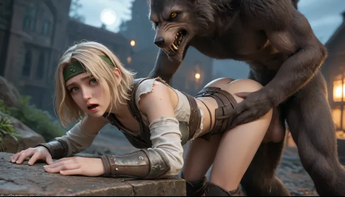 sexy woman, 40 years old, warrior woman, blonde hair, Wet Body, headband, armor, shoulder, pants, vaginal sex with a werewolf, huge cock, whole body, bent over, doggy style, scared shocked face, torn clothes, moonlight, night, apocalypse, excessively hairy bush, dense long pubic hair, excessive pubic hair, <lora:253562_training_data:.8>, <lora:add-detail-xl:.8>, <lora:681678_training_data:.8>