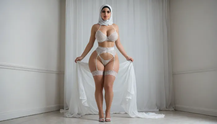 ebony, hijab, full body, photorealistic, white background, white marble walls, white marble floor, bright room, best quality, afterglow, 4k, award winning photo, extremely beautiful, perfect face, beautiful face, classy bimbo, seductive look, round face, round cheeks, pointy chin, sexy, model, gorgeous, stunning, front view, hyper wide hips, birthing hips, huge deep cleavage, round hips, huge ass, thick thighs, waist, fake waist, perfect waist, hourglass shape, looking at viewer, wet body, big tits, thigh gap, crop top lifted up, breasts exposed, breast implants, heart shaped ass, lingerie, garter belt, hyper ass expansion, thong, (back visible:1.3)