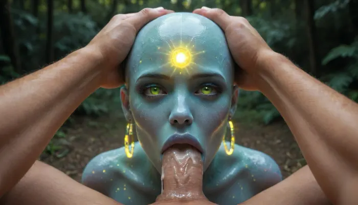 (Masterpiece), (ultra high definition), 1 guy with a huge dick in the forest at night doing face fuck to 1 lost excited alien creature, (hyper luminous neon shiny cosmic astral skin), (super glowing green eyes), psychedelic skin colors, many different colors skin, perfectly bald, (mouth cum dripping), (slim body), (sloppy deepthroat), (huge lips), (pov), (hyper alien), random skin colors, INFO, artprd2024, ral-czmcrnbw, <lora:artfullyPRIDE2024_SDXL_V1:.8>, <lora:ral-czmcrnbw-sdxl:.8>