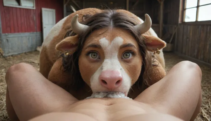 (masterpiece), (ultra high definition), sexy brown cow creature face fucked, (barn background), (hyper cow creature), (humanoid body), ((tail)), (hyper sexy), ((furry)), (crossed eyes), (surprised creature expression), (super cum explosion creature face fuck), (creature oral penetration), (pov)
