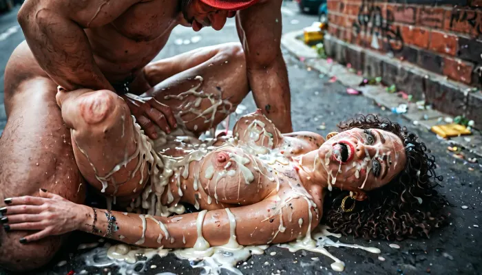 Passed out party girl in an alleyway having dirty sex with a big dicked homeless man. Missionary possition. Excessive cum on woman's face