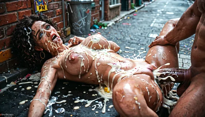Passed out party girl in an alleyway having dirty sex with a big dicked homeless man. Missionary possition. Excessive cum on woman's face