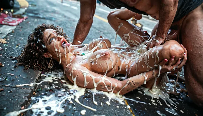 Passed out party girl in an alleyway having dirty sex with a big dicked homeless man. Missionary possition. Excessive cum on woman's face