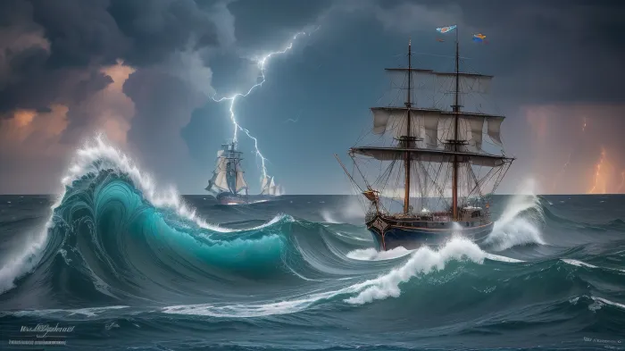 Seascape, ship on the high seas, storm, high waves, colored ink Mikhail Garmash, Louis Jover, Victor Cheleg, Damien Hirst, Ivan Aizovsky, Claude Joseph Vernet, broken glass effect, no background, amazing, vintage sailing ship, a strong storm, huge frothy waves, thunderclouds covered the entire sky, lightning flashes on the horizon, energy, molecular, textures, shimmering and luminescent colors, breathtaking beauty, pure perfection, divine presence, unforgettable, impressive, three-dimensional light, auras, rays, vibrant colors, Broken Glass effect, stunning, sea, undersea