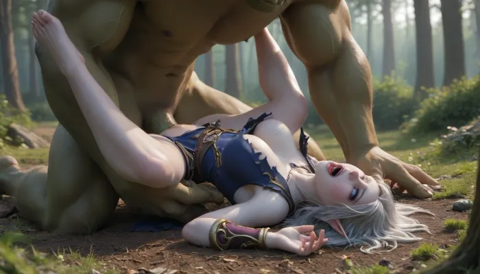 World of Warcraft, Sylvanas, medium tits, beautiful girl, bouncing boobs, orgasm, rough sex, detailed face, ahegao, forest, torn clothes, night elf girl, missionary, darkblue skin girl, brutal sec with giant green orc
