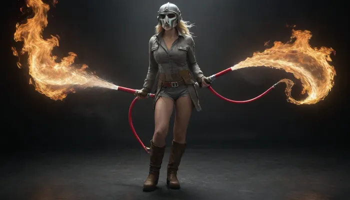 Star wars surrounding, side view of a slim, slender, flat-chested, blonde, extremely sexy, seductive female solo firefighter holding a professional big-sized fire hose, (fire hose holding tight between her legs like riding a Hobbyhorse:1.8), to extinguish a fire!, (The powerful water jet from the fire hose is aimed at the flames:1.7), (submissive, demure smile:.4), (she is fully dressed but not wearing pants:1.8), (slim bare bottom:1.7), (She's wearing a firefighter's helmet:1.5), (She's wearing a grey firefighter's jacket:1.5), (She's wearing brown work gloves:1.5), (She's wearing heavy safety-Boots:1.5), (no pants:1.9), (perfect pussy:1.4), a gas mask on her belt, gear. She's surrounded by a extremely burning fire at spaceport, (millennium falcon:1.9), as ally in background, 8k, high resolution, cinematic filled with thick smoke and flames blazing everywhere., (smoke:1.8), (Fire and flames:1.8), Her face is completely smeared with soot, brutal, dark, b/w, color, scheme, (hands, on, own, ass), (grabbing, ass, stretch, spread), mfalcon, Millennium, Falcon, TIE, fighter, <lora:Hell_Constantine_2005_-_Anime:.7>, <lora:Cloudy_Style:.6>, <lora:Black and white art.V1:.6>, <lora:Millennium_Falcon_SDXL_v1_mfalcon_e10:.7>, <lora:TIE fighter:.8>