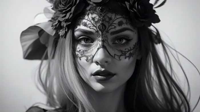 A illustration in bright pastels of a woman with an elaborate, gothic-inspired theme. She is shown from the shoulders up, with her face partially obscured by an ornate masquerade mask. The mask is highly detailed, featuring intricate, symmetrical designs with floral and baroque patterns, giving it a baroque and gothic feel. The woman's lips are painted a deep, dark color, matching the monochrome aesthetic of the image. Her hair is styled in an elegant updo, adorned with a crown of large, artificial white flowers, adding a touch of contrast and softness to the otherwise dark and dramatic scene. The background is a richly textured floral pattern, enhancing the baroque theme of the mask and flowers. The lighting is soft yet focused, highlighting the contours of her face and the textures of the mask and flowers, creating a dramatic and mysterious atmosphere. The overall composition is striking, with a strong contrast between the dark elements of the mask and lips and the lighter, softer elements of the flowers and background. The photograph captures a blend of elegance and gothic mystery, making it a captivating and visually rich image. elegant woman, baroque masquerade mask, intricate silver design, large ornate eyes, floral headpiece with white flowers, dark lipstick, bare shoulders, smooth skin, high contrast, detailed textures, vintage floral wallpaper background, dramatic lighting, mysterious and alluring, Renaissance-inspired, gothic and romantic, high fashion, classic beauty, soft shadows, sophisticated, timeless, artistic, portrait, close-up, fine art photography, fine details, delicate and strong features, enigmatic expression, luxurious, historical elegance, baroque style, beautiful composition, dark and light contrast, ethereal, captivating, elegant beauty, #©KITTYART