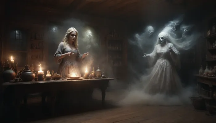 A slender, Very sexy, extremely flat-chested solo blonde witch prepares a magic potion. She wears an worn authentic wide open witch's outfit. Torn and holey clothes reveal sexy insights. Perfect face. A messy witch's kitchen deep in the forest. A crooked, miserable wooden hut, (A large pot simmers on the open fire.), colorful glowing magic potions are brewing. Numerous potion ingredients are lined up everywhere on the shelves. A highly detailed depiction of the witch's kitchen. The full moon bathes the room in silver light. The warm light from the fire and the candles in the room contrasts. break, In the background, (terrifying ghosts and other creatures of the night:1.7), in the thick smoke, Black, and, white, art, black, shading, charcoal, drawing, toned, paper, brutal, dark, b/w, color, scheme, cloudy, smoke, atmospheric, clouds, fog, duel, magical, fire, magic, spell, fireball, element, water, ball, orb, air, wind, earth, rock, plant, sand, <lora:Black and white art.V1:.7>, <lora:ahxl_v1:.9>, <lora:Cloudy_Style:1.2>, <lora:Aether_Ghost_v1.1_LoRA:.5>, <lora:Magical duel - SDXL v2.0:1.2>