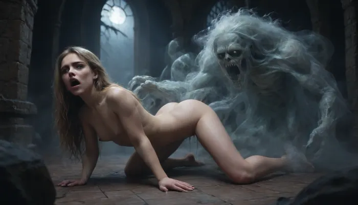massive werewolf standing, werewolf having sex with human female, flat-chested, on all fours with legs slightly spread, hands on the floor, massive veining, ribbed cock penetrating pussy, vaginal sex, passionate sex, all the way, moaning, big pussy juices, long sleeve tight bodystocking, athletic body, high definition, blue eyes, blond hair, long hair, extremely beautiful face, very detailed, werewolf opens its mouth and shows its sharp teeth. The scene is in the surroundings of an ancient castle, (terrifying ghosts and other creatures of the night:1.7), are hiding in all possible corners of the great hall, watching the unlikely couple having sex. The atmosphere is frightening and arousing at the same time. high detailed, modern-werewolf, 1girl, 1boy, prone, bone, sex, from, behind, lora, (ProneBone-000010:.5), Black, and, white, art, black, pencil, shading, charcoal, drawing, toned, brutal, dark, b/w, color, scheme, <lora:Modern_Werewolf:.8>, <lora:Black and white art.V1:1.2>, <lora:ahxl_v1:.9>