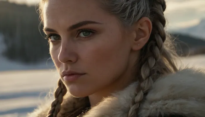 Masterpiece, realistic photography, ultra-realistic, detailed body, detailed face, realistic body, realistic face, green eyes, detailed eyes, realistic eyes angelic face, viking warrior, viking woman hairstyle, 30 years, viking braid, silver hair, serious look, look away, 3/4 view, side view, face slightly turned, towards the horizon, snowy landscape, background, peaceful face, fur hood, hood put on, woman, viking, viking outfit, realistic outfit, war painting, close-up face, cinematic blur, background blur, large format