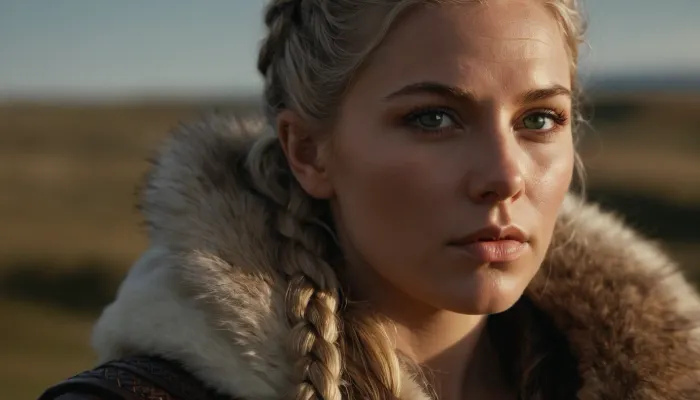 Masterpiece, realistic photography, ultra-realistic, detailed body, detailed face, realistic body, realistic face, green eyes, detailed eyes, realistic eyes, catchlight, angelic face, viking warrior, viking woman hairstyle, 30 years, viking braid, silver hair, serious look, look away, 3/4 view, side view, face slightly turned, towards the horizon, snowy landscape, background, peaceful face, fur hood, hood put on, woman, viking, fur collar, detailed leather cloak, Norse style fabric, cinematic fabric folds, viking outfit, realistic outfit, war painting, close-up face, cinematic blur, background blur, large format