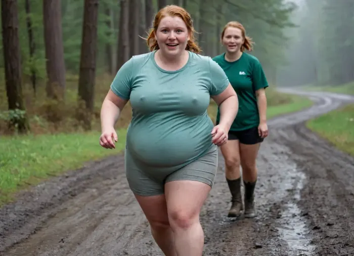(2young fat young bbw young thick women), 18 years old, ginger, freckles, run with legs collected, smile, delighted, sexy, best quality, photorealism, ice blue eyes, braid over shoulder, wet white t-shirt, wet green shirt, (covered with mud), dirty, Mountain shoes, forest, mud field, raining, (thick fog), fog, low light, fog day, (fog), (wet:1.4), (dusk), no, bra, shot from above, braless, chubby Wearing, clothes, that, make, sense, with, Braless>, plump, skindentation, chubby, bbw, venus, body, big, breasts, ass, mud, looks, like, 【your, description】, <lora:bralessSDXL_v1_00022:.5>, <lora:Chubby BBW - XL:1>, <lora:MudLooksLike-SDXL-PAseer:1.4>