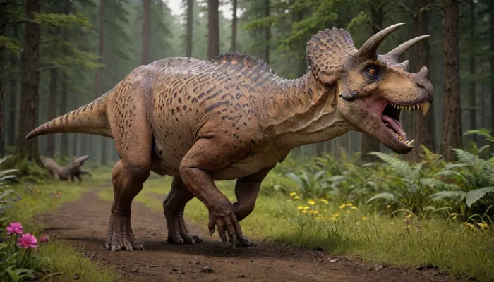 Sci-Fi, realistic image, Young Stone Age woman, leopard skin swathed around her hips, huge heavy sagging breasts exposed, long hair fluttering from fast running, necklace of flowers around her neck, running away from tyrannosaurus on forest edge, between grazing triceratops, whole body in frame, 8K quality, bright colors, triceratops, dinosaur, t-rex, <lora:TriceratopsXL0_4:.8>, <lora:Dinosaur_Generator_v2.0-000011:.8>, <lora:sdxl-t-rex-dinosaur-v11:.8>, .