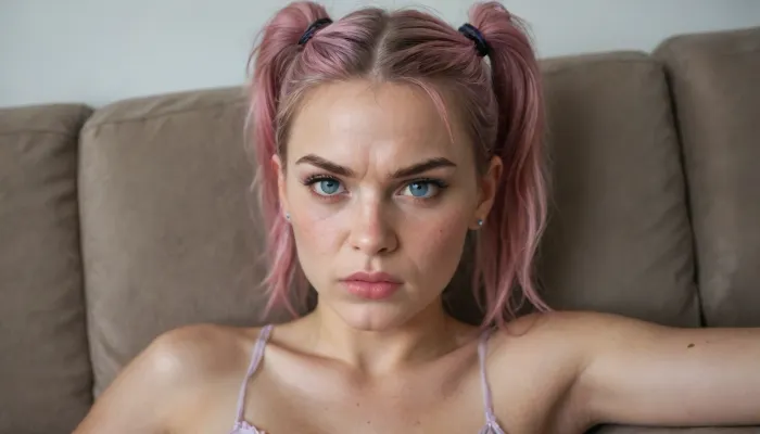 score_9, photorealistic details, ultra high details, high detailed skin, lying on sofa, cute youthful punk, piercings, jewelry, looks straight to camera, blue and pink hair, high twintails hair, wavey hair, soft freckles, soft wrinkles, spread lips, very angry face expressions, angry, calm, <lora:angry:1.6>