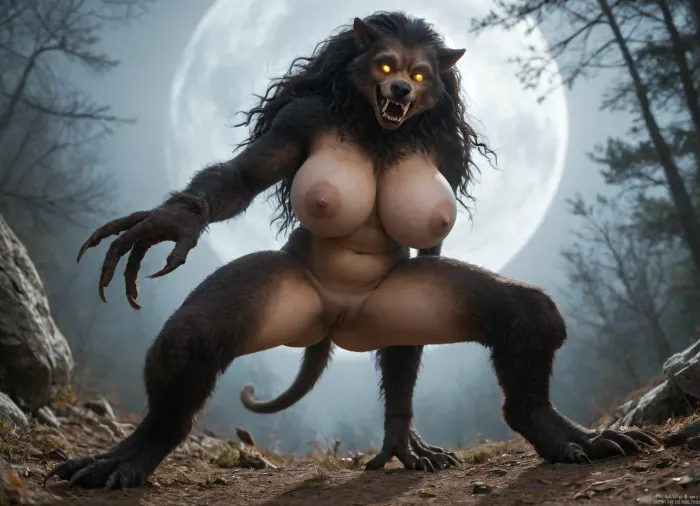 Medieval.random angle, view from below. Fantasy art.high definition. female werewolf, furry, under full moon, massive breasts, modern-werewolf, full naked, very wide hips, huge ass, a big bulging pussy, claws on her hands, glowing eyes, big sharp claws, fangs, long black fur, she was overcome with sexual passion at the thought of all the men who would soon fuck her.