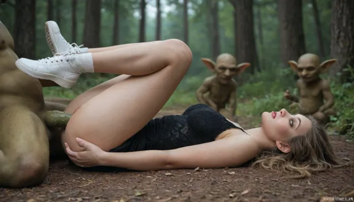 masterpiece, 8K quality, Dark Forest, Night, Little Black Bed, beauty 18 years old Russia girl, blond long Hair, hourglass figure, Normal Natural breasts, sweet round ass, perfect eyes, Black Long Beauty dress, White Sneaker, on the Ground, Goblin, (Fucked by Goblin:1.2), (Green knotted veins dick), Side View, View from far away, Missionar, on Back